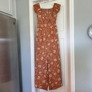 ANAMA Floral Print Jumpsuit Smocked Square Neck Open Back Rust Orange Size S